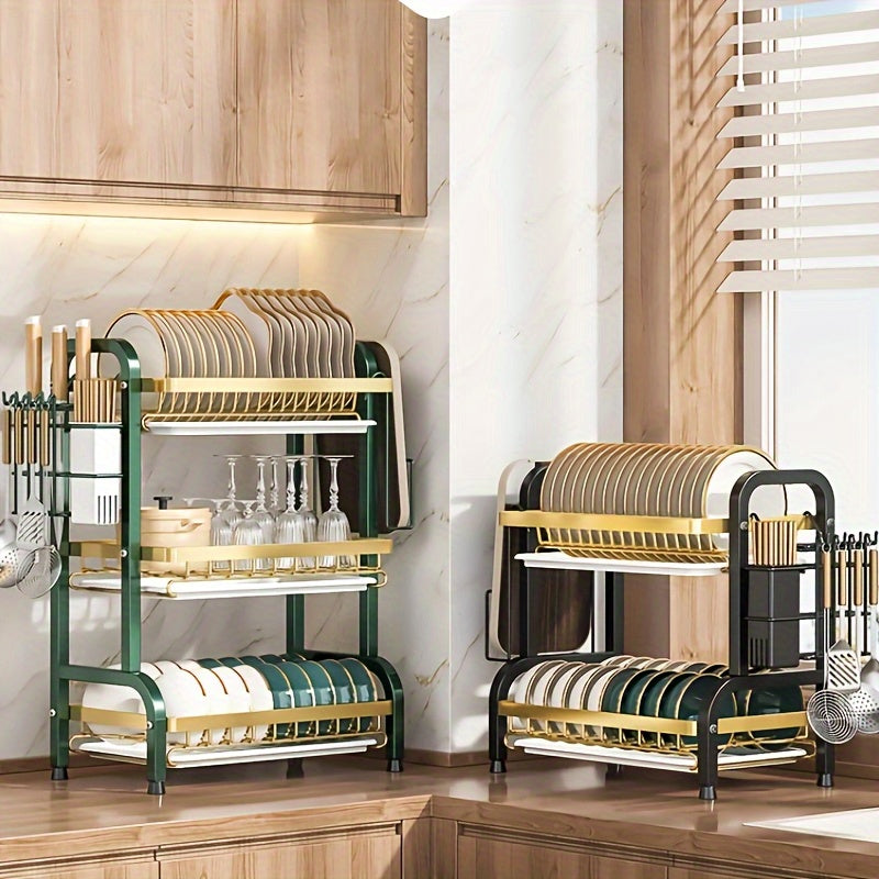 Estantería de Cocina de 3 Niveles en Acero Inoxidable con Sistema de Drenaje, Organizador Multifuncional para Tazones y Utensilios, Gran Capacidad y Diseño Ahorrador de Espacio Apto para Platos y Tablas de Cortar
