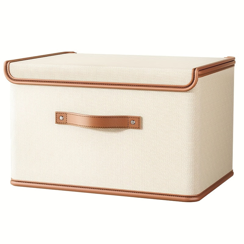 1pc Cestas de Almacenamiento Decorativas Plegables con Tapas - Asas Tipo Cuero Sintético Blanco y Marrón, Canastas de Poliéster Duraderas para Estantes, Organización del Hogar