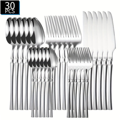 30 piezas de cubertería de acero inoxidable que incluye cuchillo de cena, tenedor, cuchara, tenedor de postre, cuchara de postre y cuchara de café para uso en el hogar y en restaurantes.