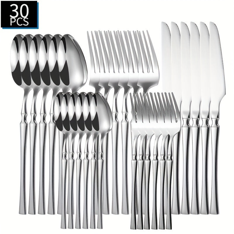 30 piezas de cubertería de acero inoxidable que incluye cuchillo de cena, tenedor, cuchara, tenedor de postre, cuchara de postre y cuchara de café para uso en el hogar y en restaurantes.