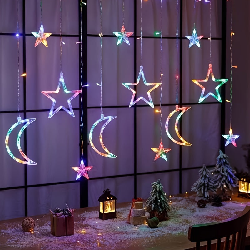 1pc Luces de Cortina Navideñas - Alimentadas por USB, Cálidas y Coloridas para Fiestas de Año Nuevo/Navidad/Halloween - Incluye Múltiples Estrellas, Lunas y Diseños Lunar - Ideales para Decoración de Dormitorios, Ventanas, Fiestas y Regalos - Con Modo Pa
