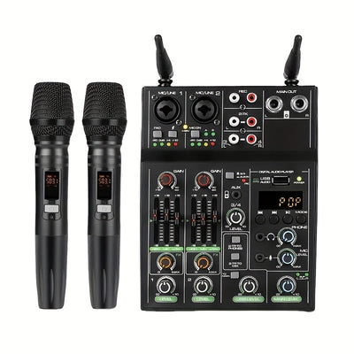 Mezclador de Audio Profesional de 4 Canales con Sistema de Micrófono Inalámbrico UHF para Escenario, Karaoke y Actuaciones En Vivo – Alimentado por USB, Construcción de Aleación, Negro, Incluye 2 Micrófonos y Fuente de Alimentación Fantasma, Accesorios p
