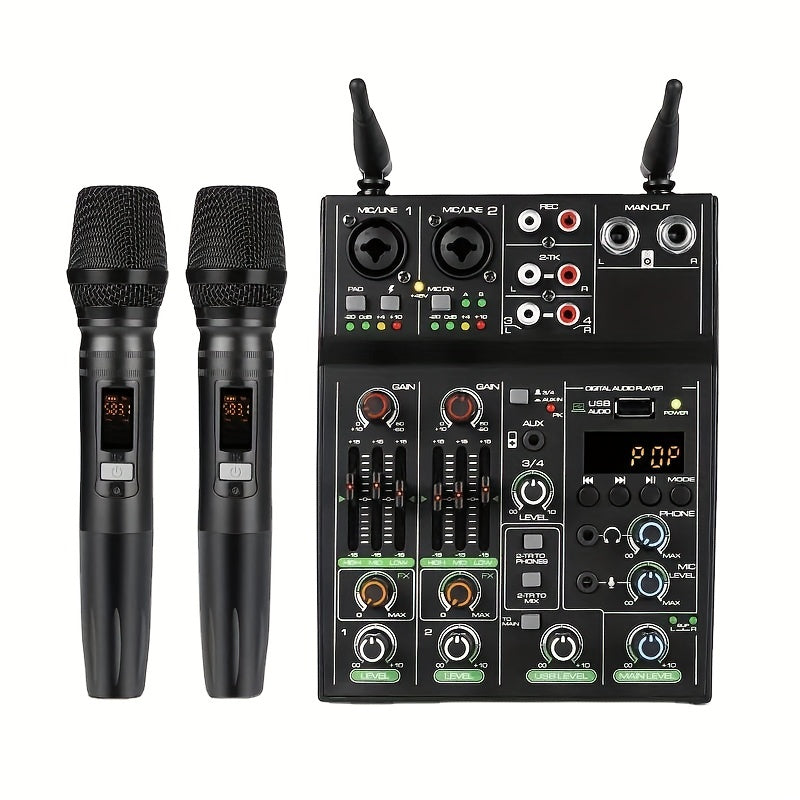Mezclador de Audio Profesional de 4 Canales con Sistema de Micrófono Inalámbrico UHF para Escenario, Karaoke y Actuaciones En Vivo – Alimentado por USB, Construcción de Aleación, Negro, Incluye 2 Micrófonos y Fuente de Alimentación Fantasma, Accesorios p