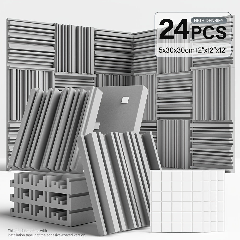 24 piezas de paneles de espuma acústica de alta densidad - 10x10x2/12x12x2 pulgadas, paneles de aislamiento acústico negros y blancos con adhesivo de doble cara para estudio, cine en casa, KTV - Instalación fácil, reducción de ruido, paneles de aislamien