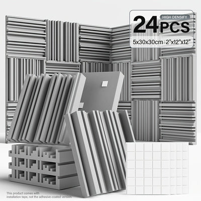 24 piezas de paneles de espuma acústica de alta densidad - 10x10x2/12x12x2 pulgadas, paneles de aislamiento acústico negros y blancos con adhesivo de doble cara para estudio, cine en casa, KTV - Instalación fácil, reducción de ruido, paneles de aislamien