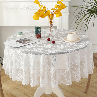 1pc Mantel Redondo de Encaje Blanco Hecho a Mano con Flores - Decoración Navideña para Cocina y Comedor, Tela de Poliéster Duradera con Patrón Floral Intrincado para Reuniones Festivas, Mantel de Navidad, Artesanía Tradicional