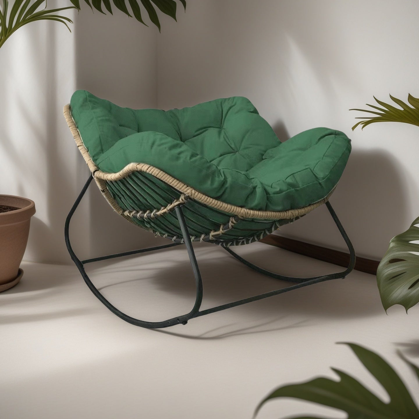 Mecedora de Hierro Tejido Rústico Vintage con Cojín Trenzado a Mano - Adecuada para Todas las Estaciones, Silla Decorativa de Estilo Campestre Americano para Sala, Balcón o Patio - Ideal para 13 Ocasiones Festivas