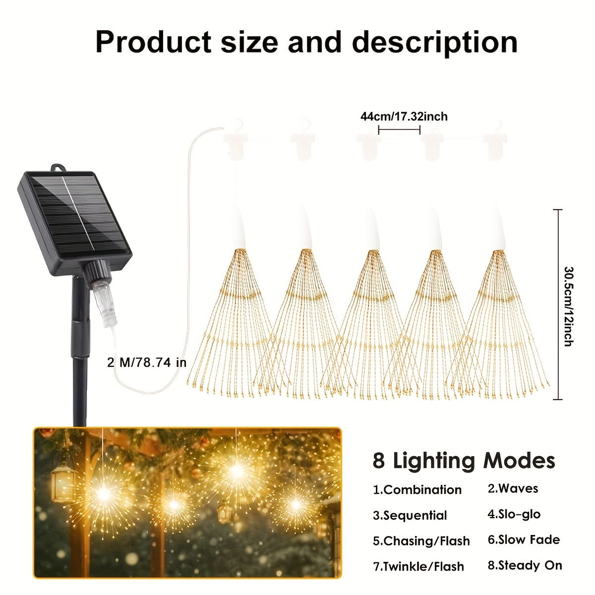 5 piezas de luces de fuegos artificiales suspendidas alimentadas por energía solar, cadena de luces de fuegos artificiales LED, 8 modos, alimentadas por energía solar, decoración de iluminación exterior, IP65, disponibles en múltiples colores, adecuadas