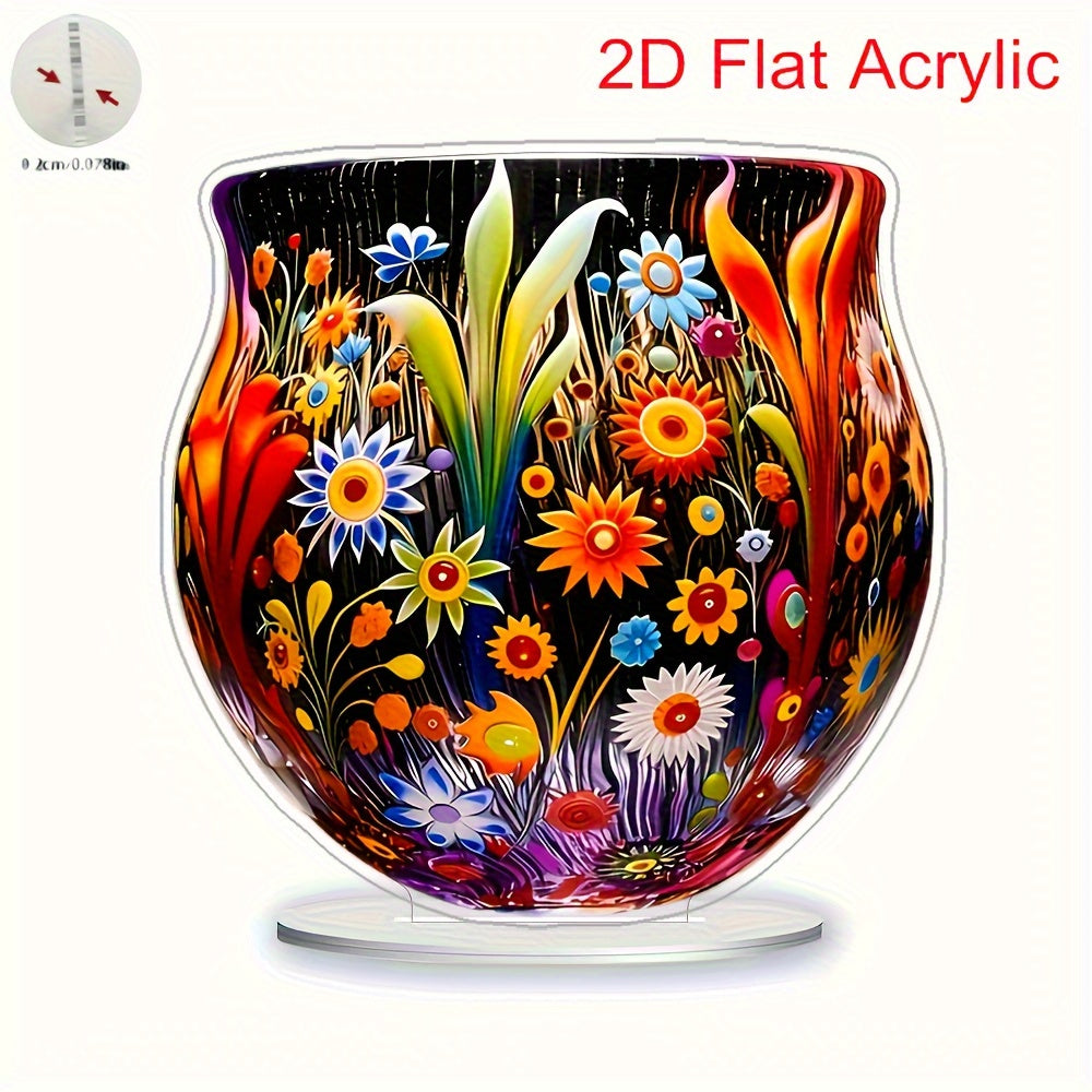 Jarrón Acrílico Plano Estilo Bohemio 2D - Decoración de Escritorio con Flores Vibrantes para Hogar y Oficina, Regalo de Navidad, Sin Necesidad de Electricidad, Decoración Bohemia, Adorno de Escritorio, Artesanía Artística, Diseño Colorido