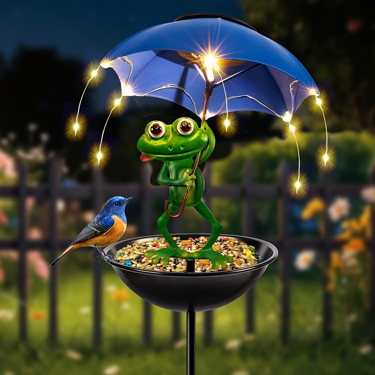 Luz de jardín solar con luces LED de cadena - Alimentador automático de aves y fuente de colibríes, decoración de patio de construcción de hierro, material resistente al tiempo, atrae a las aves para iluminar el jardín, iluminación divertida, exclusiva p