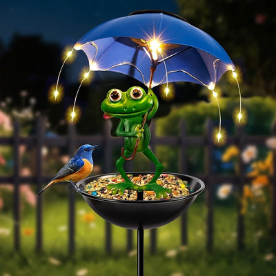 Luz de jardín solar con luces LED de cadena - Alimentador automático de aves y fuente de colibríes, decoración de patio de construcción de hierro, material resistente al tiempo, atrae a las aves para iluminar el jardín, iluminación divertida, exclusiva p