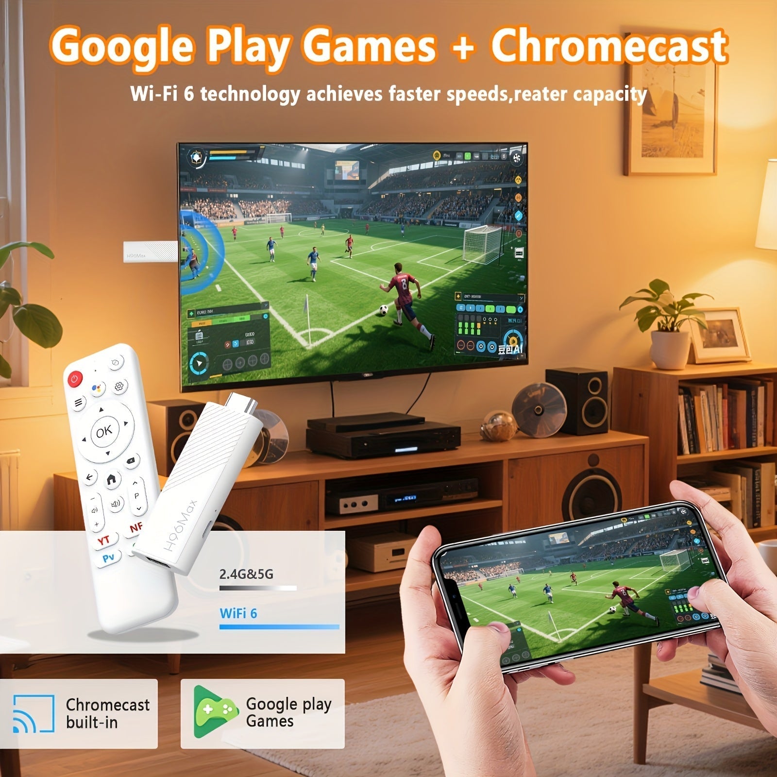 TV Stick H96 Max H313 - Reproductor Multimedia Android 14 con Google Play, Streaming 4K Ultra HD, WiFi Dual, CPU Quad-Core, Chromecast Integrado, WiFi Rápido, sin varillas - Dispositivo Compacto para Smart TV, Reemplazo de Fire TV, Consola de Juegos - Op