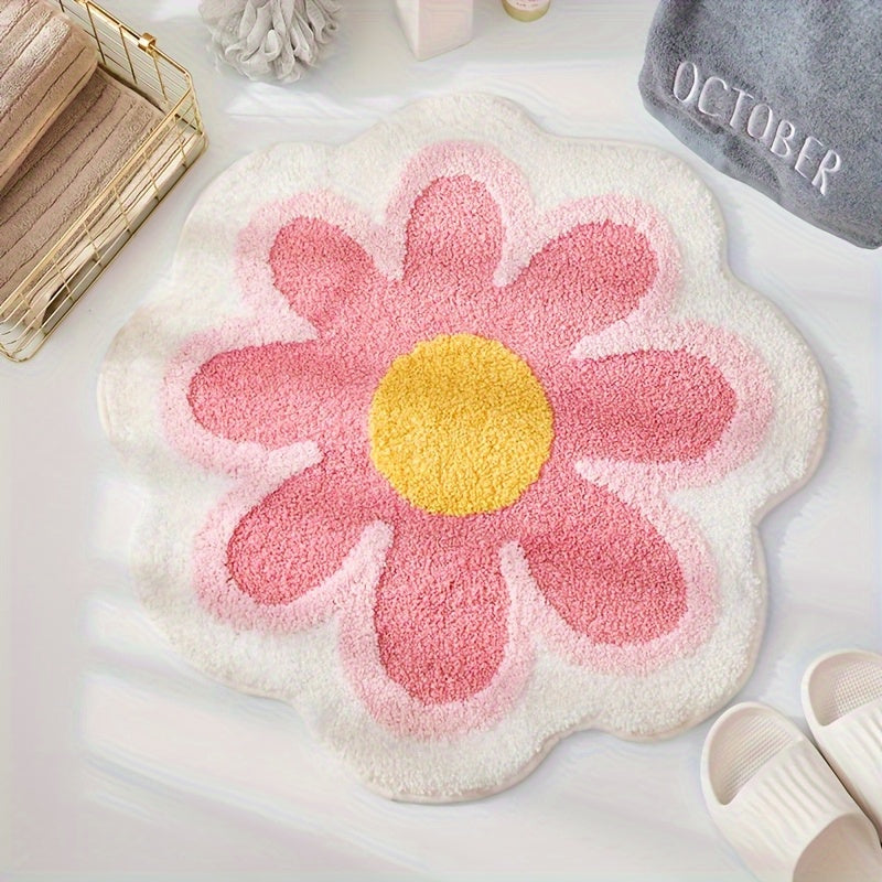 1pc Alfombra de Suelo con Diseño Floral de Margaritas - Forma Irregular, Base Antideslizante en PVC, Lavado a Mano, Decoración Acogedora para Dormitorio o Baño, Regalo Ideal para Fiestas, Textura Tejida Suave y Duradera, Material Resistente, Diseñadores