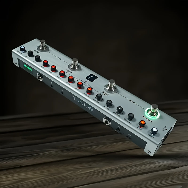 Procesador de efectos de bajo portátil M-VAVE, todo en uno - 36 presets/9 simulaciones de amplificadores, 8 cargadores de IR, retraso, modulación, reverberación, afinador, conexión BT, batería de 12 horas, recargable por USB - para grabación y actuación