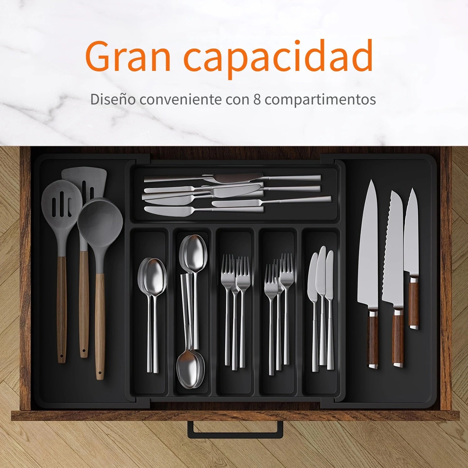 Organizador de Cajón para Cubiertos Plateados 1pc, Bandeja de Utensilios Expandible para Cocina, Soporte para Cubiertos y Cubertería Libre de BPA, Almacenamiento de Plástico Ajustable para Cucharas, Tenedores y Cuchillos, Grande