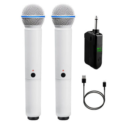 Heikuding Sistema de Micrófono Inalámbrico Dual con Receptor Recargable - 20H de Autonomía, Alcance de 100 Pies, Carga USB, Batería 18650, Soporte Clip/De Pie e Indicador de Batería - Jack de 6.35mm para Karaoke, Bodas, DJ, Fiestas, Iglesia (), Diseño El