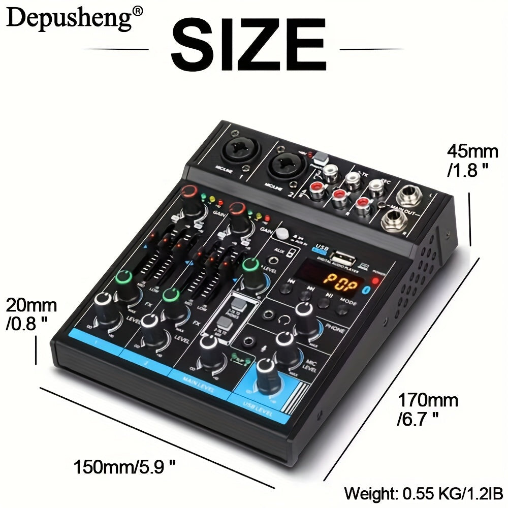 Depusheng M4 Mezclador de Audio de 4 Canales - Grabación USB, Alimentación Phantom de 48V, Ideal para Estudios y Actuaciones en Vivo