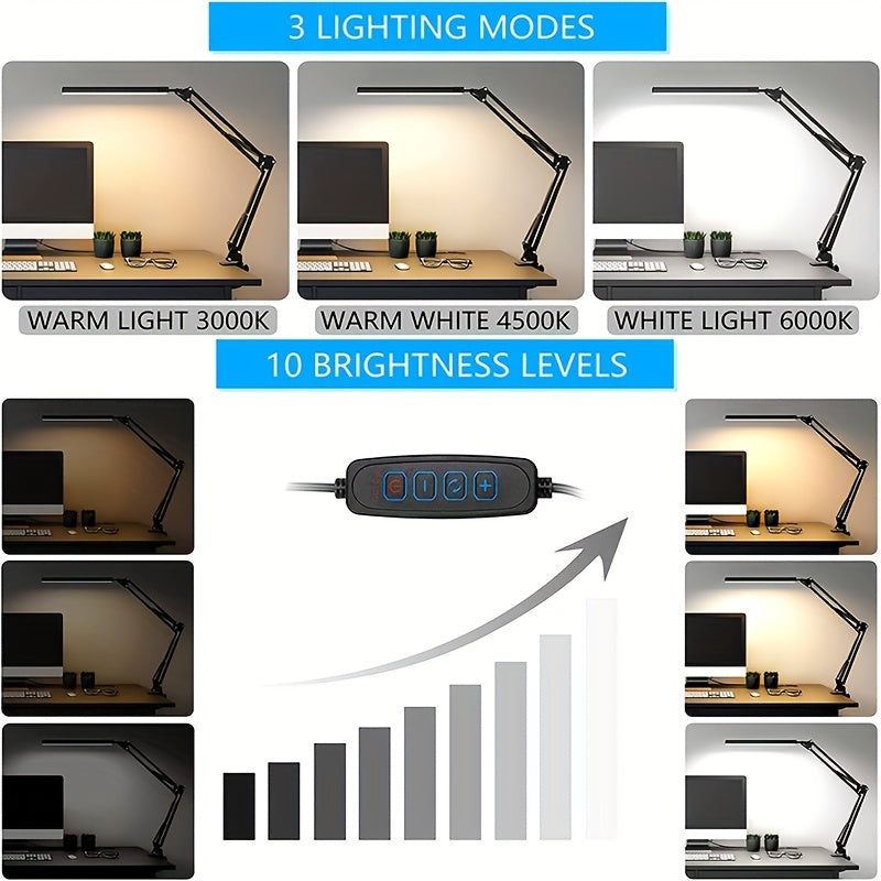 Linterna de Escritorio Ajustable con Cuello Flexible y 3 Modos de Iluminación, 10 Niveles de Brillo y Función de Memoria, Luz Metálica Alimentada por USB con Ajuste de Temperatura de Color para Oficina en Casa o Residencia Estudiantil, Regalo de Navidad