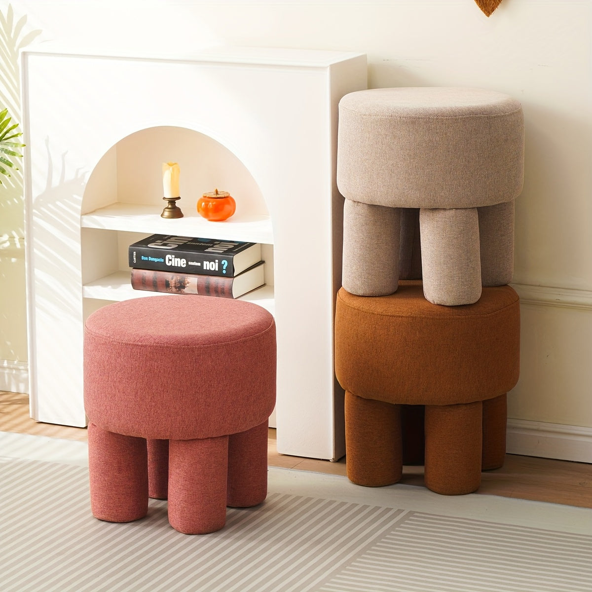 1pc Taburete Redondo con Marco de Madera Maciza y Tapa de Tela - Diseño Minimalista Contemporáneo, Asiento Acolchado Suave, Multiusos para Sala, Dormitorio, Entrada o Mesa de Café - Disponible en Rosa y Marrón