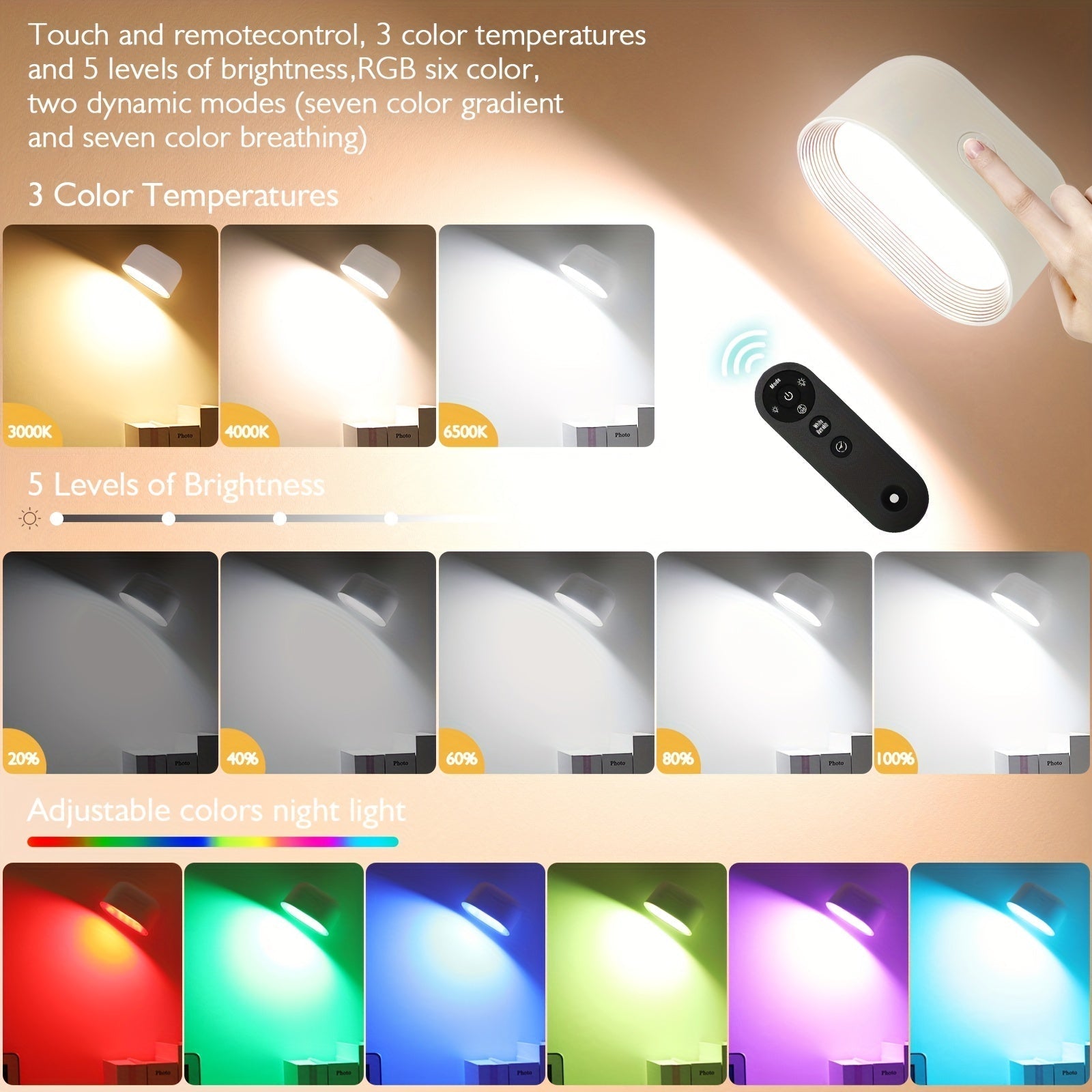 Lámpara de pared magnética moderna con control remoto, luz nocturna táctil giratoria de 360°, cambio de color RGB, aplique regulable con carga USB, montaje empotrado desmontable para dormitorio, sala de estar, pasillo, con sensor de infrarrojos, batería
