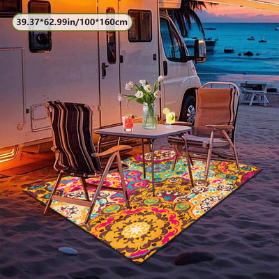 Estampado digital 2D plano con patrón floral, alfombra decorativa de estilo étnico, alfombra interior de RV, alfombra de tienda, alfombra de patio, alfombra de bienvenida, alfombra de camping, adecuada para camping al aire libre, senderismo, viajes en ca