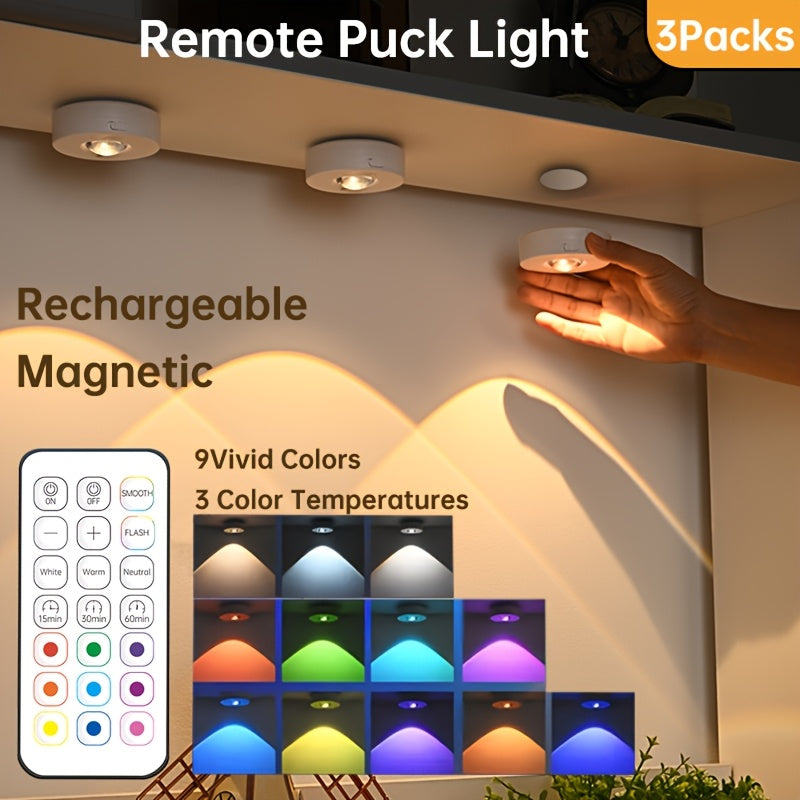 3 luces LED magnéticas recargables RGB para gabinetes con control remoto IR - 12 modos de cambio de color, regulables, batería de 500mAh, iluminación tipo puck para cocina, clóset, escaleras (recargable USB-C, sin necesidad de enchufe), decoración de luz