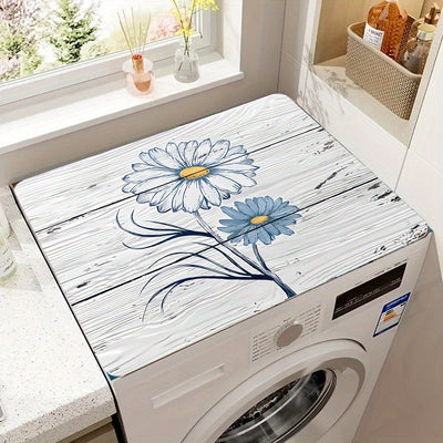 1 pieza de alfombrilla de cubierta para lavadora y secadora floral - Diseño de margaritas azules, tejido de poliéster absorbente, decoración de habitación de lavado, cocina y baño | Diseño de encanto rural | Alfombrilla duradera