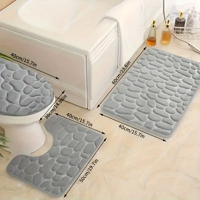 Conjunto de 3 alfombras de baño de vellón de coral, suaves, absorbentes y antideslizantes, diseño de guijarros sólidos, pelo bajo, lavables a máquina, con respaldo de PVC, para alfombras de baño oblongas (20x60cm)