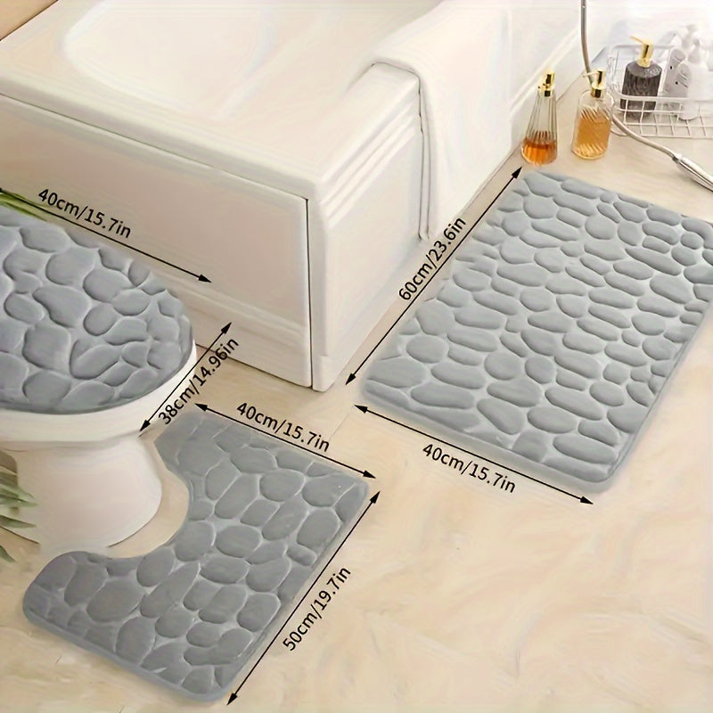 Conjunto de 3 alfombras de baño de vellón de coral, suaves, absorbentes y antideslizantes, diseño de guijarros sólidos, pelo bajo, lavables a máquina, con respaldo de PVC, para alfombras de baño oblongas (20x60cm)