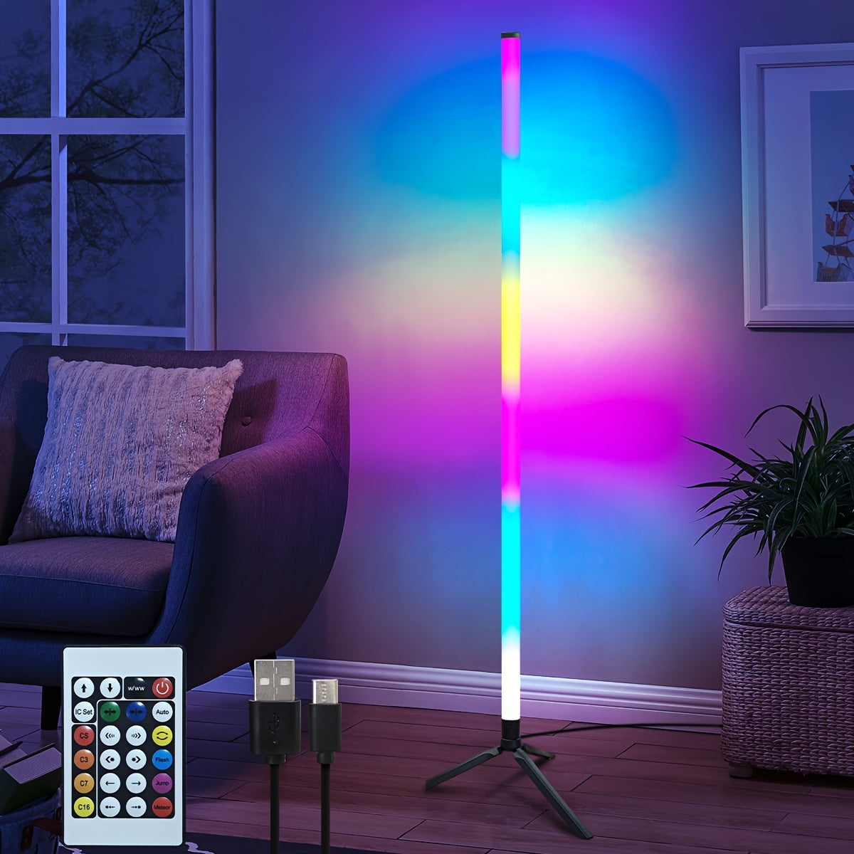 Lámpara LED moderna para esquina con control remoto inteligente - Multicolor RGB, alimentación por USB, 4 modos para música, sala de juegos, dormitorio, decoración navideña, luz ambiental musical | Luz decorativa moderna | Construcción en plástico