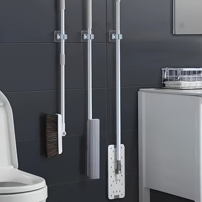 1/2/3pcs Soporte para trapeador y escoba montado en la pared, organizador de plástico de estilo contemporáneo, solución de almacenamiento fuerte adhesivo sin taladro para baño y cocina, ganchos de utilidad