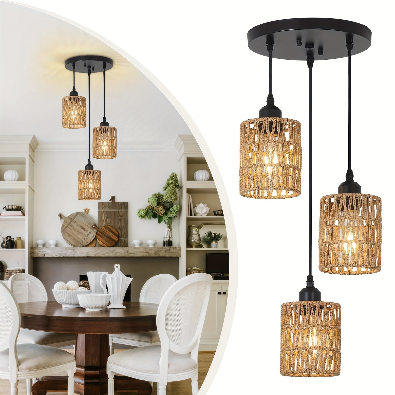 Colgante de Ratán Estilo Boho Chic con 3 Luces - Pantalla Tejida a Mano, Lámparas Colgantes Modernas, Ideal para Comedor de Granja, Isla de Cocina y Decoración del Dormitorio