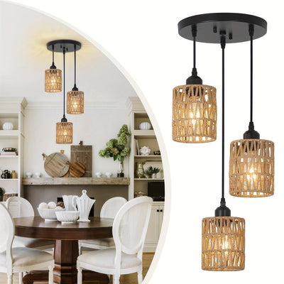 Colgante de Ratán Estilo Boho Chic con 3 Luces - Pantalla Tejida a Mano, Lámparas Colgantes Modernas, Ideal para Comedor de Granja, Isla de Cocina y Decoración del Dormitorio