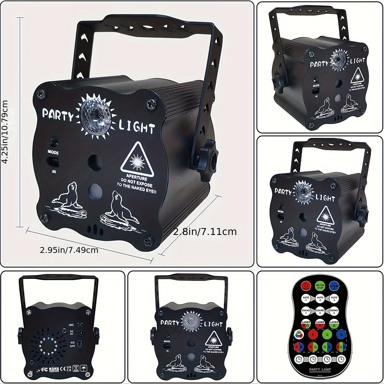 Proyector láser LIANZE RGB activado por sonido con mando a distancia, bola de luz de aluminio de aleación de aluminio pulido negro, fuente LED, alimentado por USB, <0,4 mW láser, con batería de botón no recargable, para fiestas, clubes, cumpleaños, karao