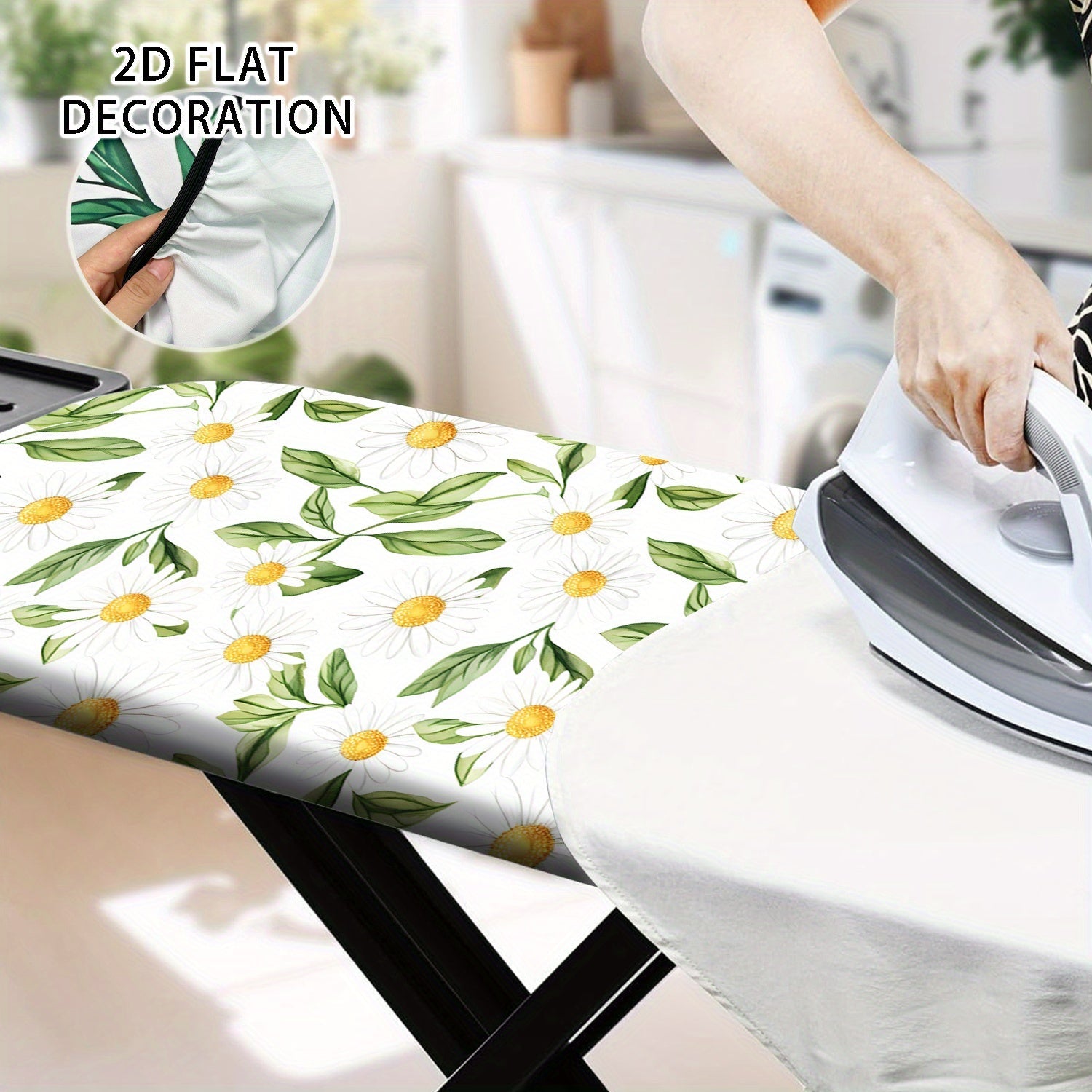Funda de tabla de planchar 2D de diseño plano - Tamaño completo, relleno resistente al quemado, borde elástico, resistente, lavable en máquina - 1 pieza, blanco con patrón floral amarillo y verde, ideal para decoración de la habitación de lavado en casa,