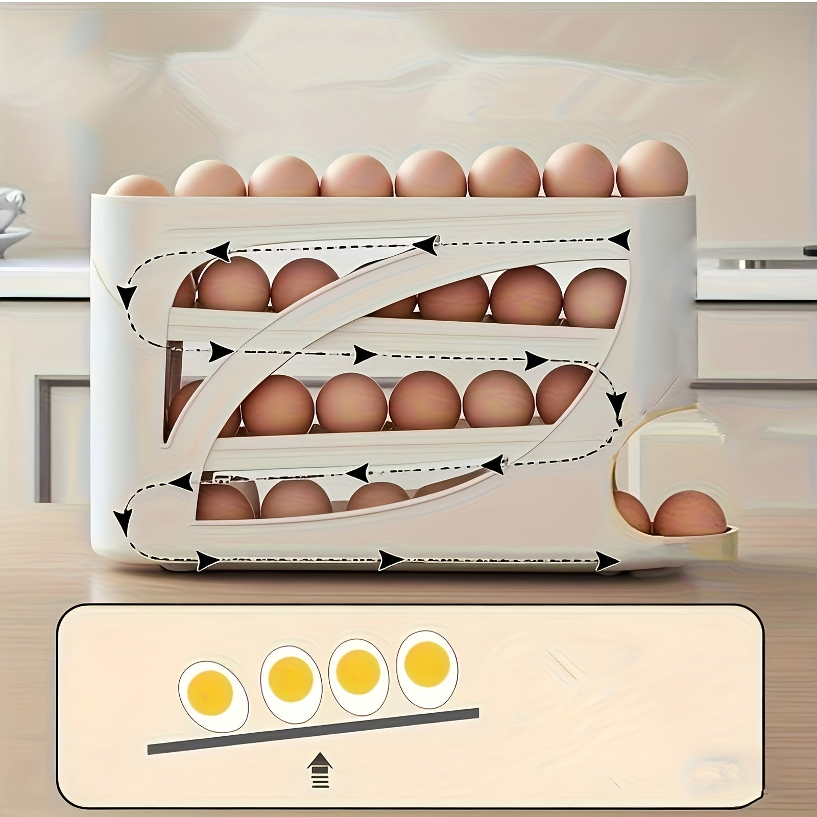 Soporte de huevos giratorio de 4 niveles - Diseño de puerta lateral que ahorra espacio, puede contener 30 huevos, acabado brillante y liso, asa conveniente, adecuado para almacenamiento en cocina y refrigerador | Accesorio de cocina moderno | Material pl
