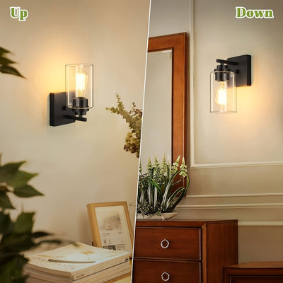 Juego de 2 Apliques de Pared para Baño, Luces Modernas para Tocador, Linternas de Iluminación de Montaje en Pared en Negro Mate, Luces de Pared Estilo Granja con Pantalla de Vidrio Transparente para Dormitorio, Sala de Estar, Pasillo y Cocina (Bombilla I