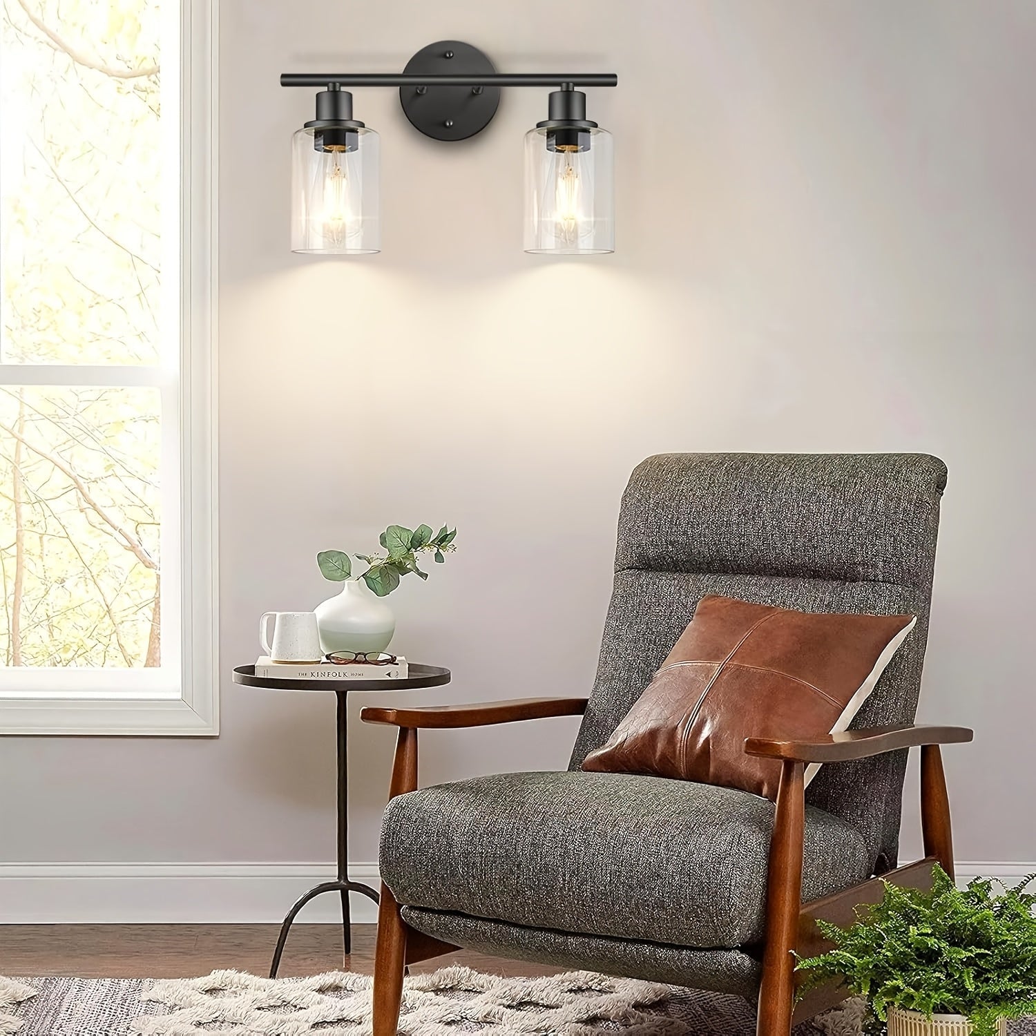 Luz de sconce de baño moderna de negro mate, fijación de pared de hierro fundido semi empotrada, con pantallas de vidrio, control de interruptor, cableado, 110V, sin bombilla incluida para baño