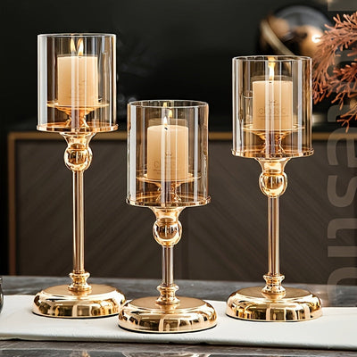 Juego de 3 candelabros de vidrio y metal dorado elegante - Acero inoxidable, diseño de mesa para cena romántica y decoración del hogar