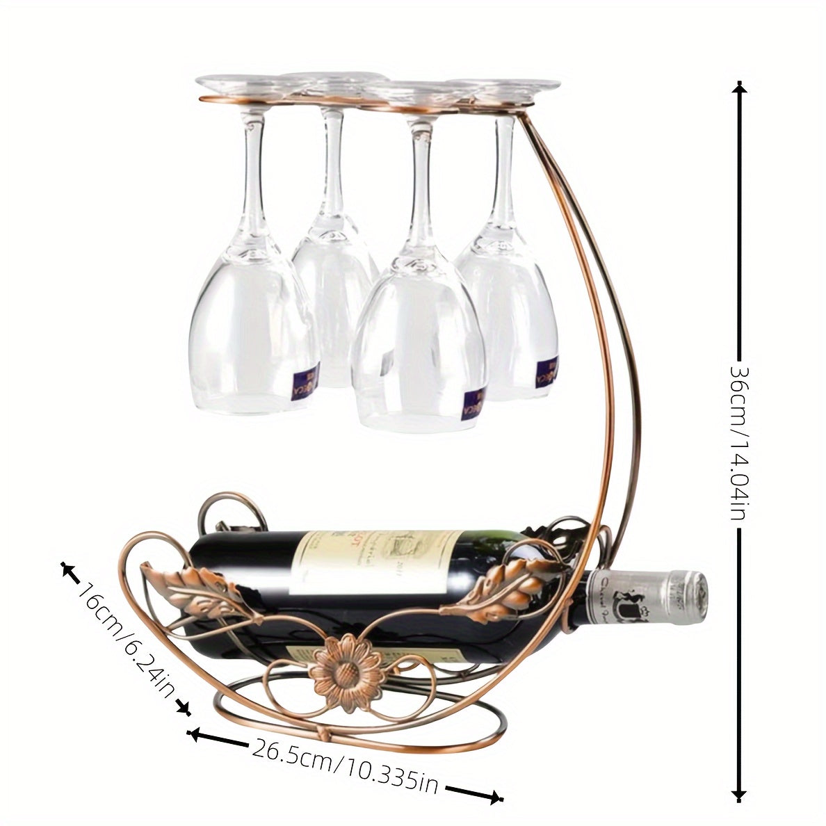 Estante de copas de vino de hierro contemporáneo - Soporte vertical para botellas de metal, soporte para copas de mesa, exhibición de copas de vino al revés, capacidad para 1 botella y 4 copas, no requiere ensamblaje