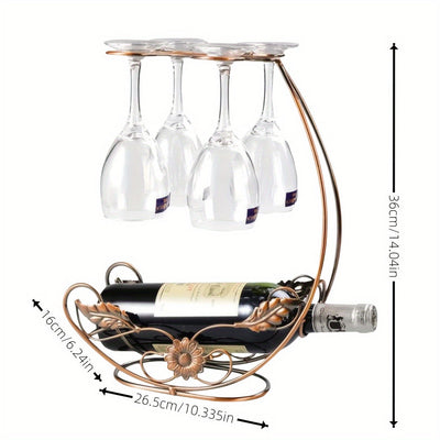 Estante de copas de vino de hierro contemporáneo - Soporte vertical para botellas de metal, soporte para copas de mesa, exhibición de copas de vino al revés, capacidad para 1 botella y 4 copas, no requiere ensamblaje