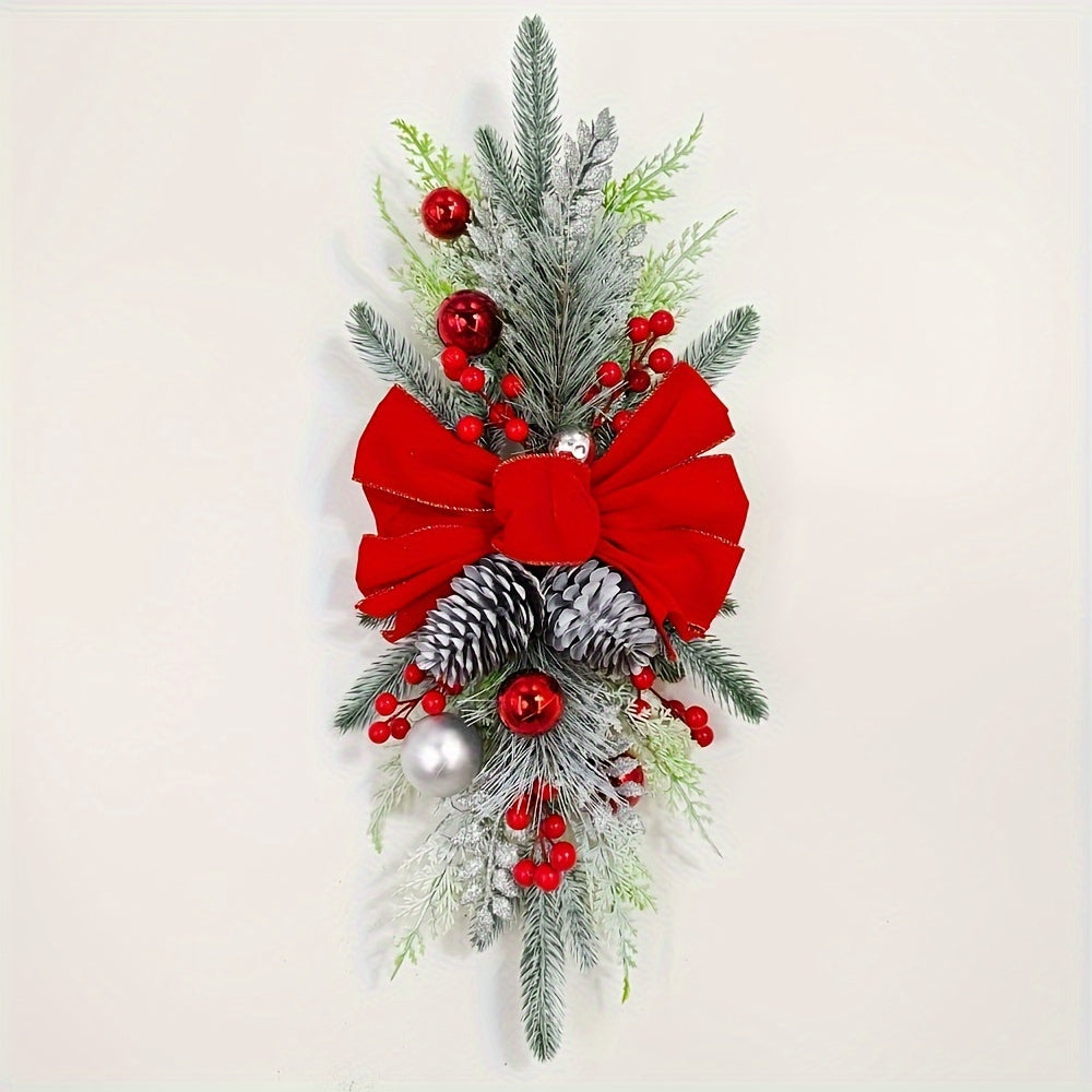 Guirnalda de Escalera de Navidad de 3 pzas de 22.83in Estilo Americana Hecha a Mano con Piñas Falsas, Lazos Rojos y Sin Plumas - Decoraciones Festivas sin Electricidad para el Hogar, Fiesta y Vacaciones - Perfecta para Uso en Interiores y Exteriores