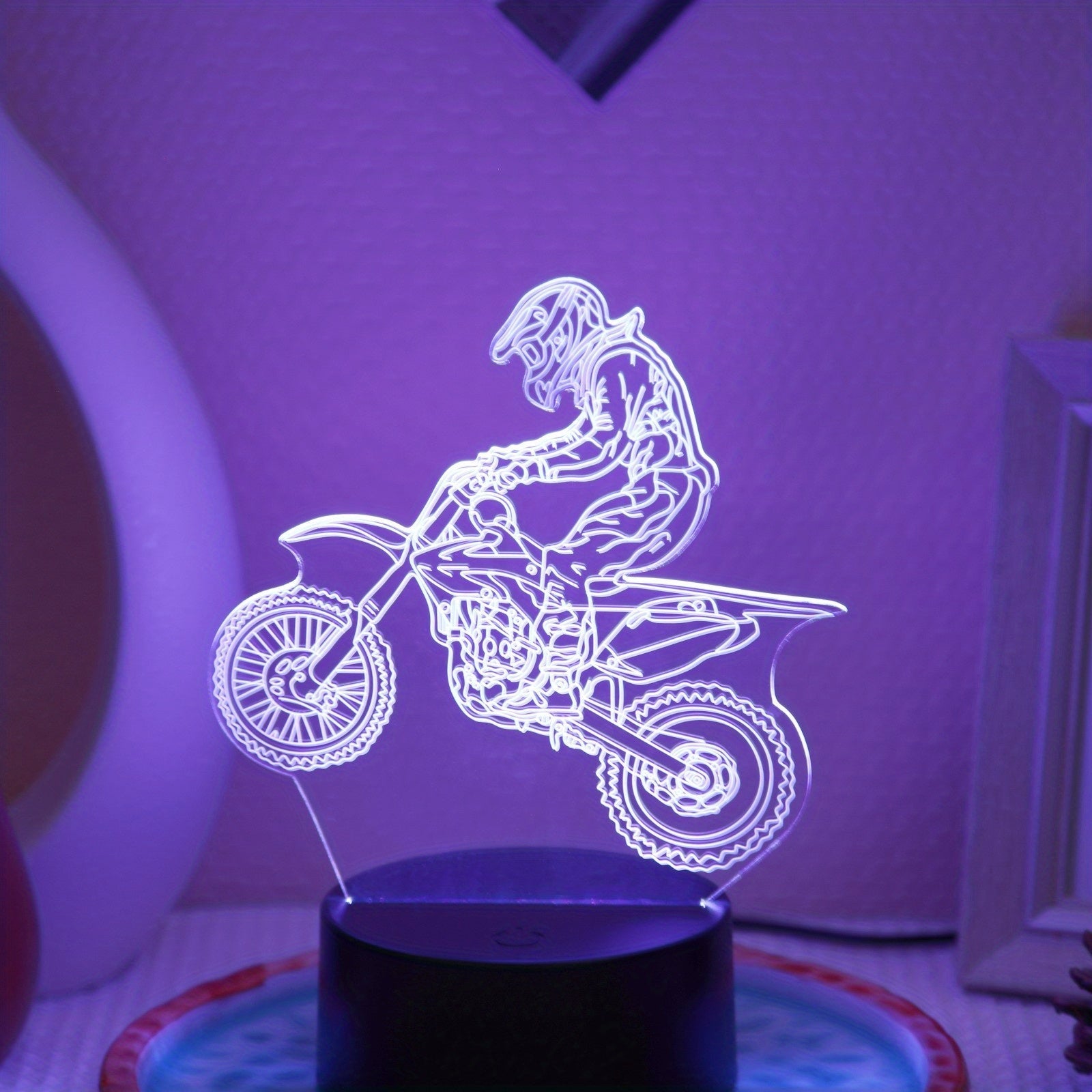1pc Luz Nocturna de Carrera de Motocicleta 3D Activada por Tacto - Lámpara de Escritorio con Cambio de 7 Colores y Alimentación USB, Diseño Geométrico Moderno con Brillo Morado para Dormitorio y Decoración del Hogar, Decoración de Motocicletas