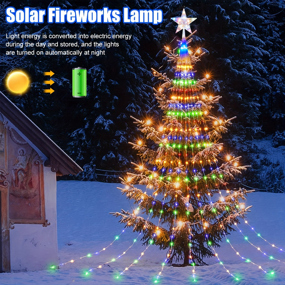 Luces Navideñas Solares para Exteriores de 1 pieza, Cadena de Luces Estrella de Navidad con 280 LED y 9 Hilos de Luz en Cascada para Árbol, 8 Modos, para Jardín, Patio y Decoración Navideña, Multicolor, Blanco Cálido IP54 200LEDs