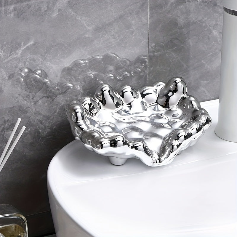 1pc Elegante Jabonera con Acabado Dorado en Forma de Nube - Lujosa, Sin Taladro, Plástico ABS Electroplateado, Diseño Oval Minimalista para Baños Elegantes
