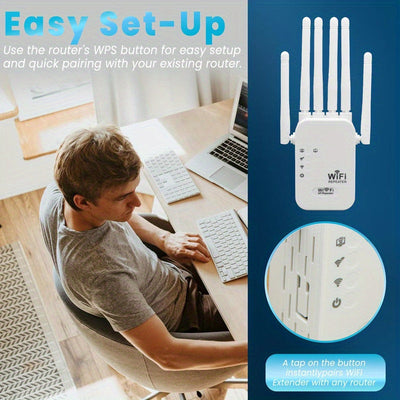 Amplificador de WiFi Estándar EE. UU., Repetidor Compatible con WIFI6, Cobertura 360° hasta 11,000 pies cuadrados, Soporta Más de 35 Dispositivos, Configuración Fácil en un Clic con Puerto Ethernet y 6 Antenas