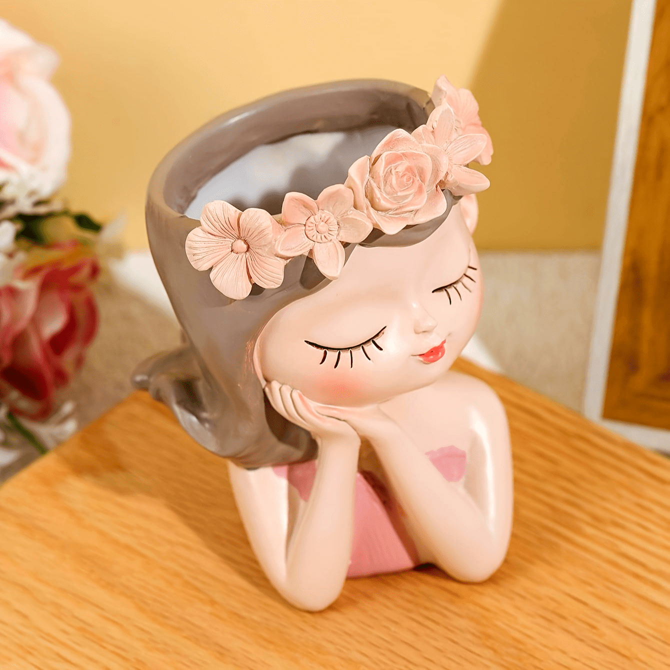 1 unidad, florero de resina, diseño de figura de niña, maceta decorativa, decoración para el hogar, centro de mesa, acento para interiores, decoración floral rosa