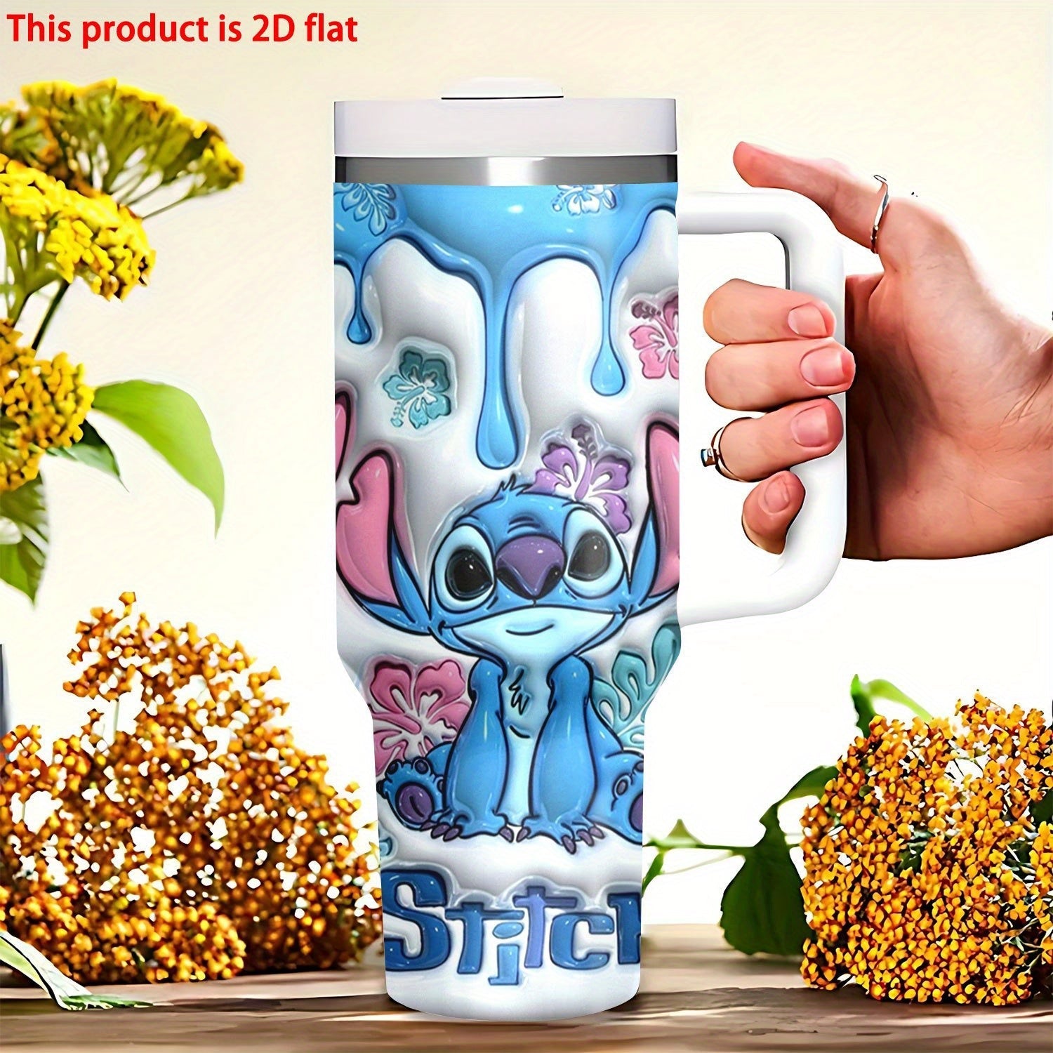 Botella de agua de acero inoxidable Stitch de 40 onzas con pajita y asa - Taza de viaje aislada, de alta calidad, reutilizable, solo lavable a mano, perfecta para fanáticos y regalos.