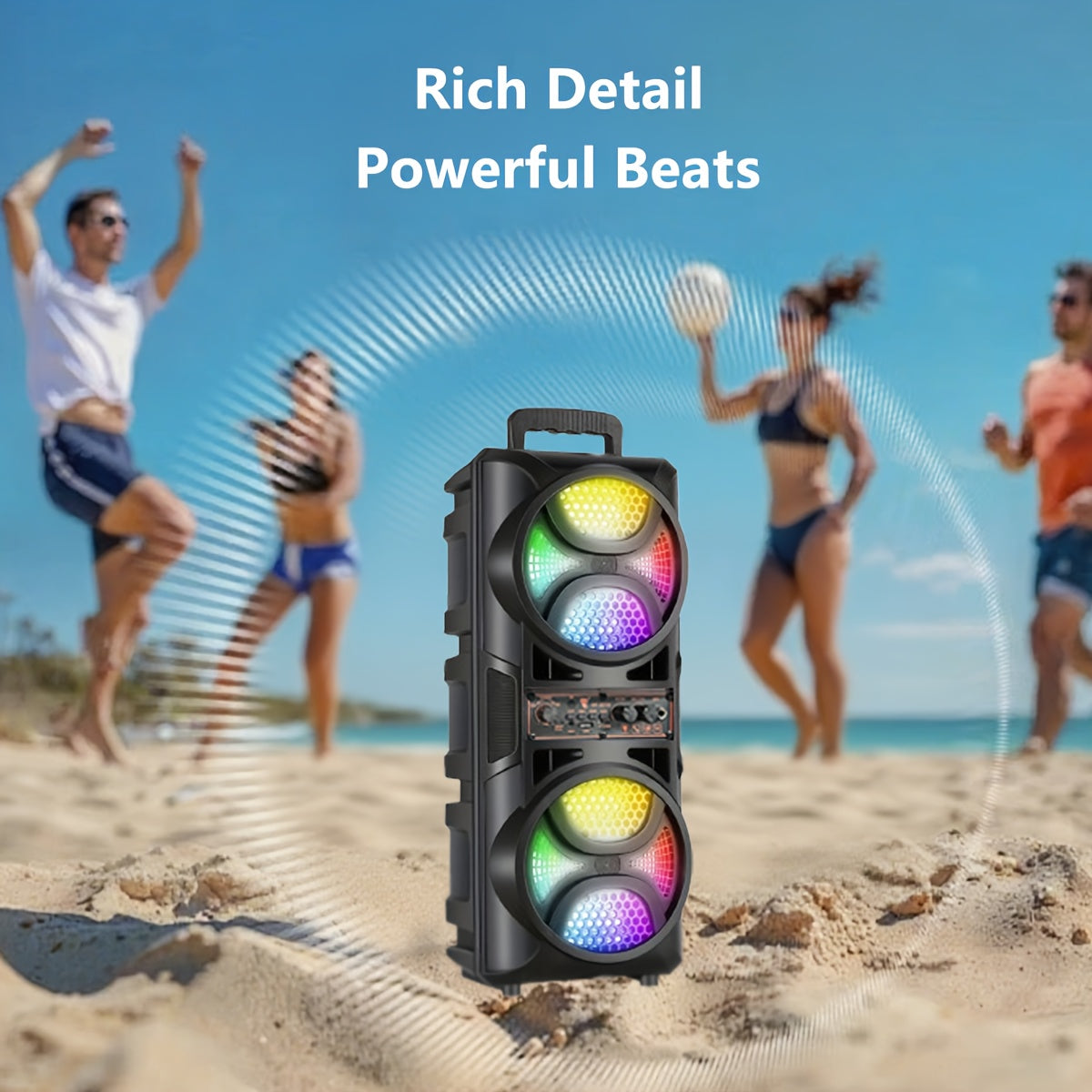 Altavoz portátil sin varillas para exteriores con cuerpo ligero y efectos de iluminación colorida, carga Tipo C, compatible con USB, FM, tarjeta TF, AUX, botón giratorio y control por micrófono, ideal para camping, fiestas en casa, descanso en la oficina