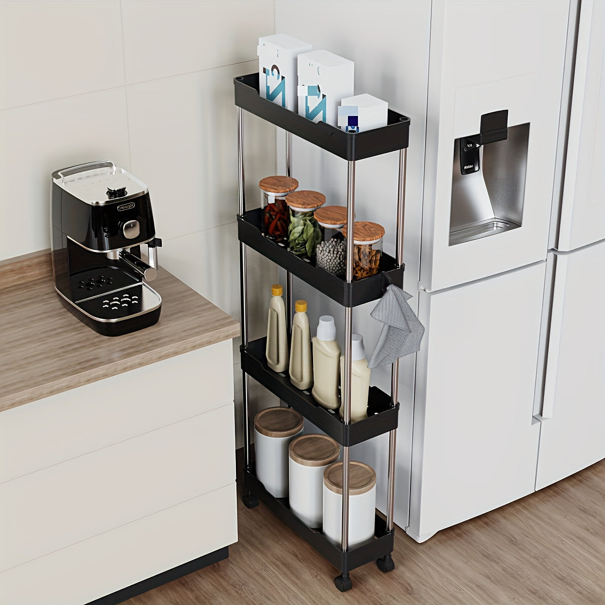 Carrito de Almacenamiento Rodante 3/4 Niveles con 4 Ruedas - Organizador Móvil para Baño, Cocina y Lavandería - Estructura Duradera de Plástico y Metal, Estantes Ajustables, Diseño Compacto para Espacios Estrechos, Carro Multinivel, Ruedas Easyglide